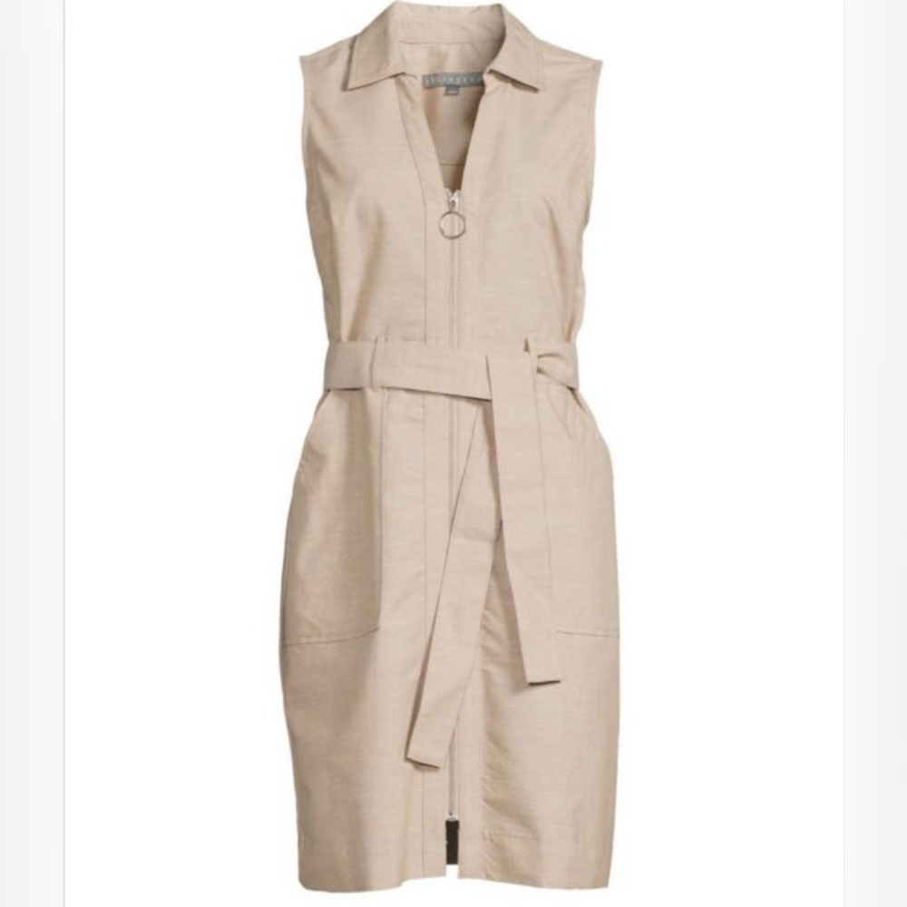 NWT - SHARAGANO Cotton Blend Belted Shirt Dress - beige- Sz 14 - Picture 4 of 8